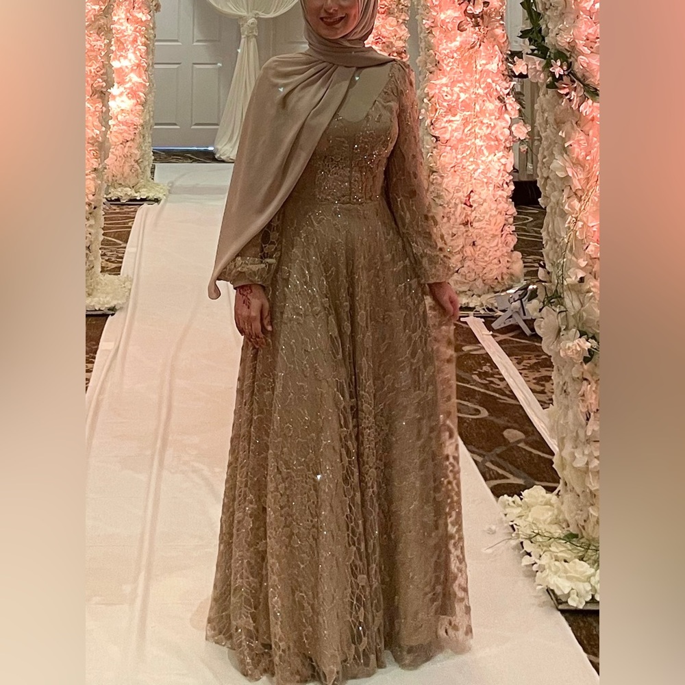 Gold Sequin Hijabi Maxi Turkish Evening Gown